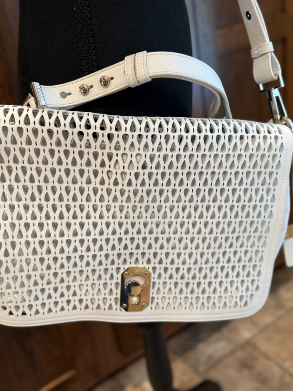 Stuart Weitzman White Woven Leather Crossbody Satchel - Picture 2 of 10